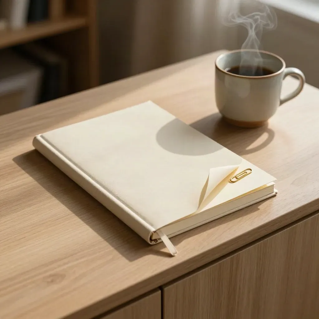 Cremefarbenes Notizbuch, gefalteter Briefbogen, goldene Büroklammer und Keramiktasse auf Eichenboard.