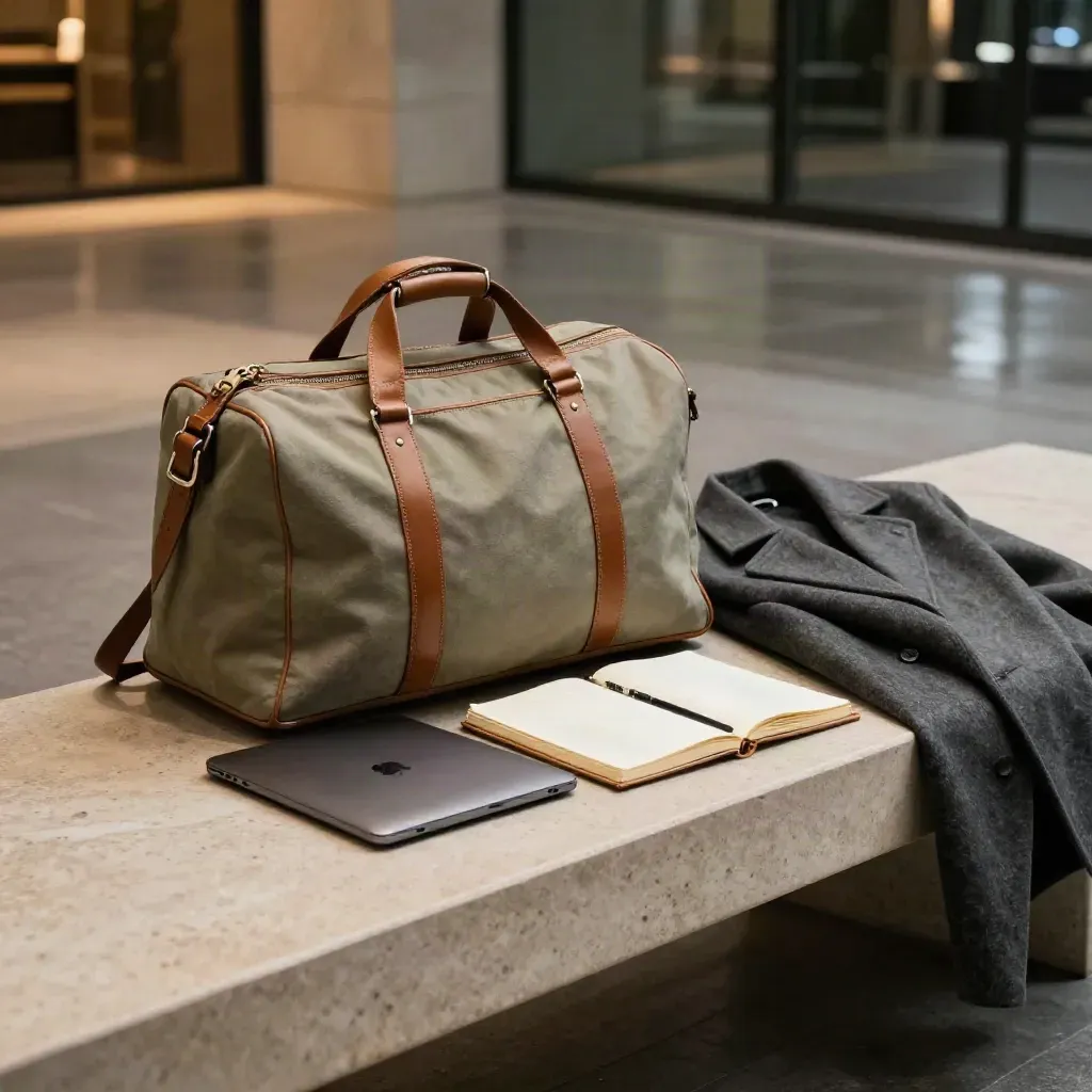 Halbzippte Reisetasche, Laptop, Notizbuch und Mantel auf einer Bank im Nachtlicht